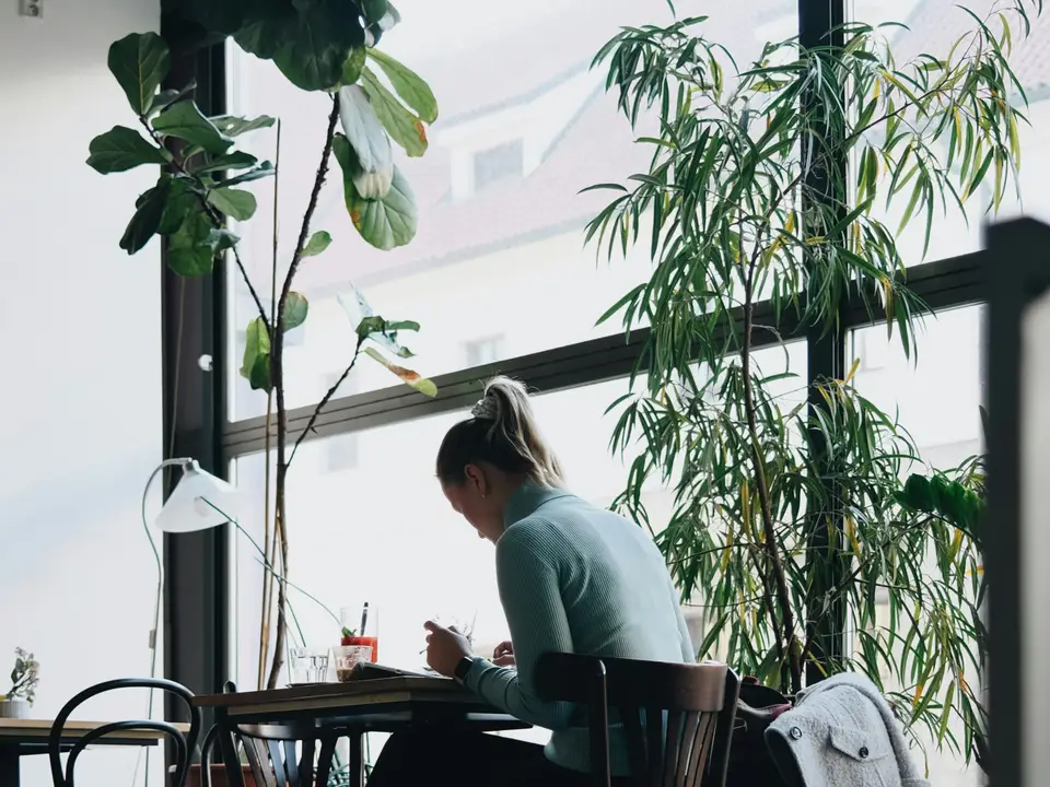 A professional working remotely from a terrace in Madrid